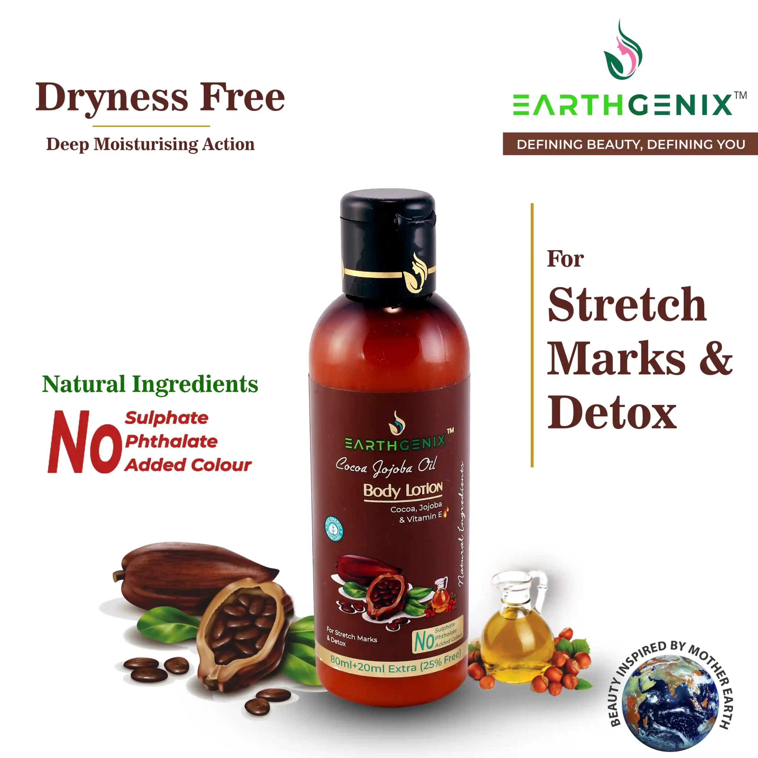 Earthgenix | Cocoa Jojoba Oil Body Lotion With Vitamin E 80+20ml (25%  Free), For Stretch Marks & Detox
