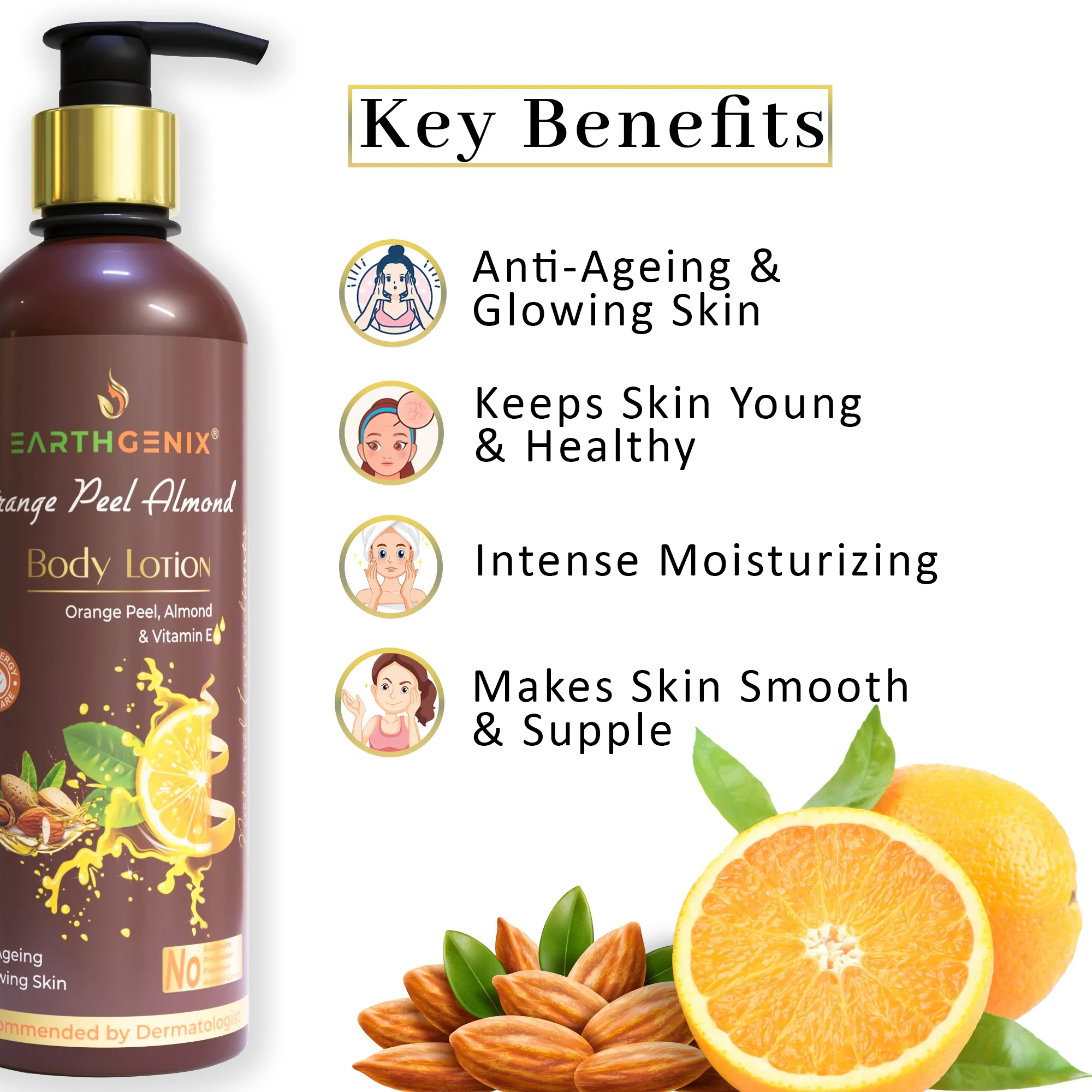 Earthgenix | Orange Peel Almond Body Lotion With Vitamin E 400+100ml (25%  Free), For Anti-Ageing & Glowing Skin
